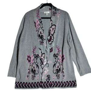 Cj Banks Open Front Cardigan Gray Pink Floral Womans Size 1X Cotton